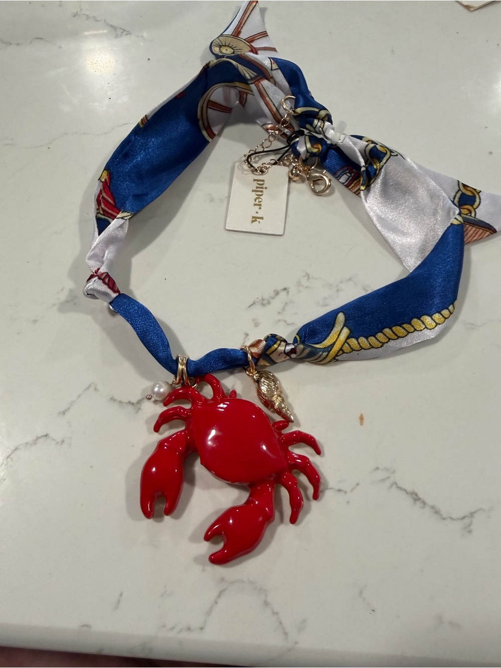 piper. k. Nautical Scarf Necklace with Red Crab Charm